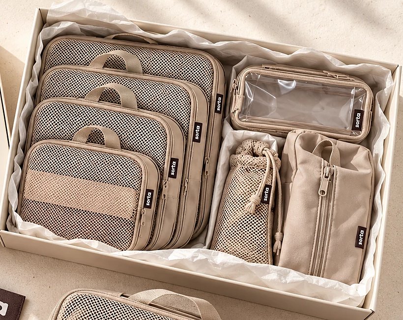 The open Sorta box with the cubes, clear pouch, laundry bag and shoe bag packed in tissue paper.
