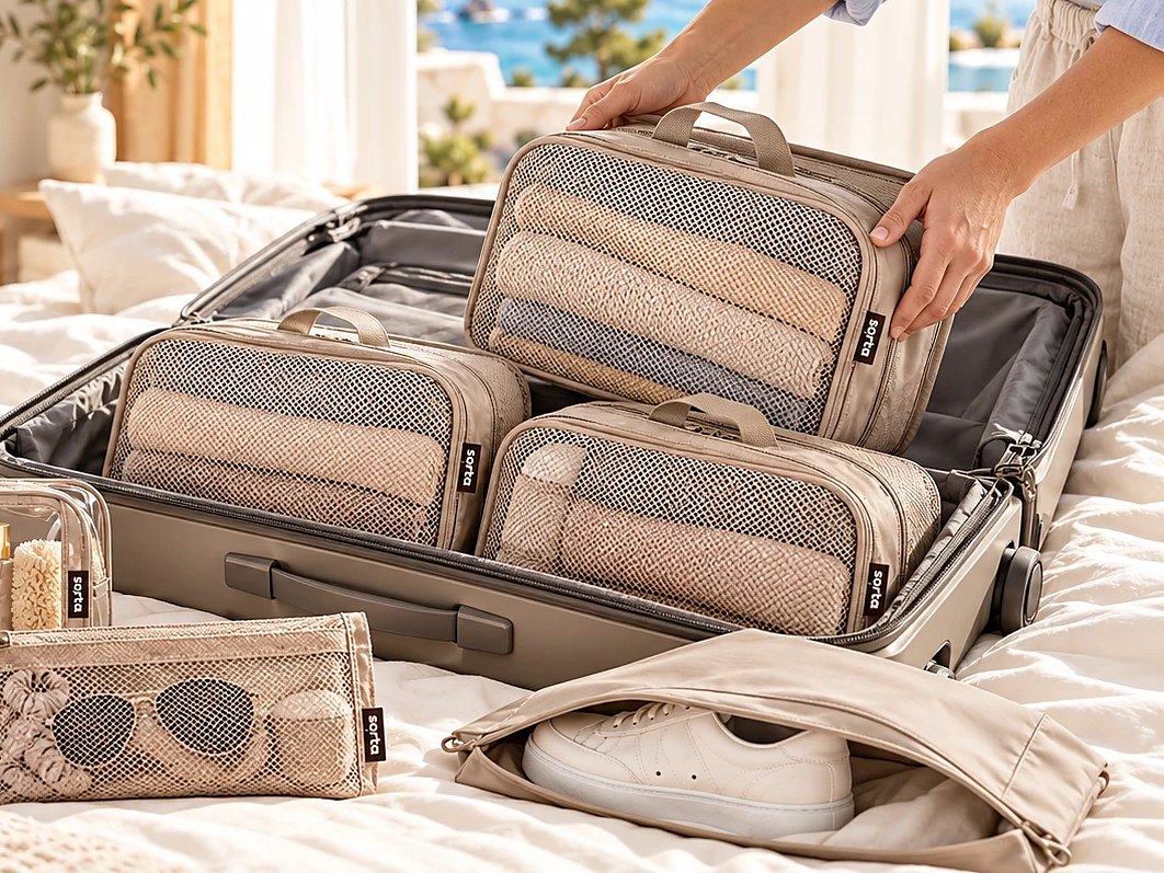 Hands lifting a Sorta compression cube into an open suitcase on a bed, with a clear toiletry pouch, a mesh accessory pouch and a shoe bag beside it.
