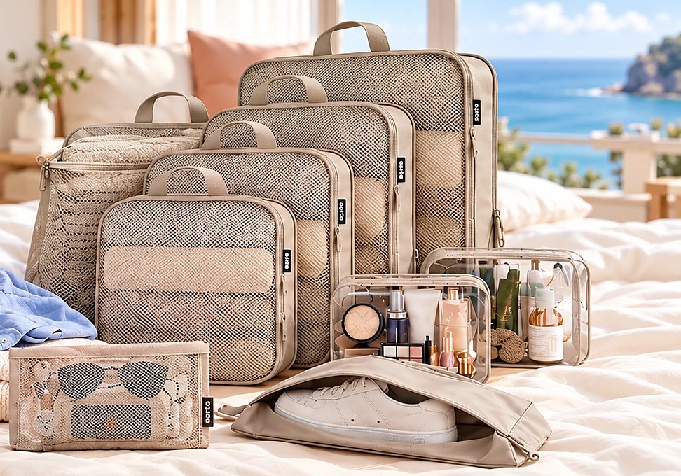 All nine pieces of The Packing Set arranged on a bed by a window: four stacked compression cubes, a mesh laundry bag, two clear toiletry pouches, a mesh accessory pouch and a shoe bag.