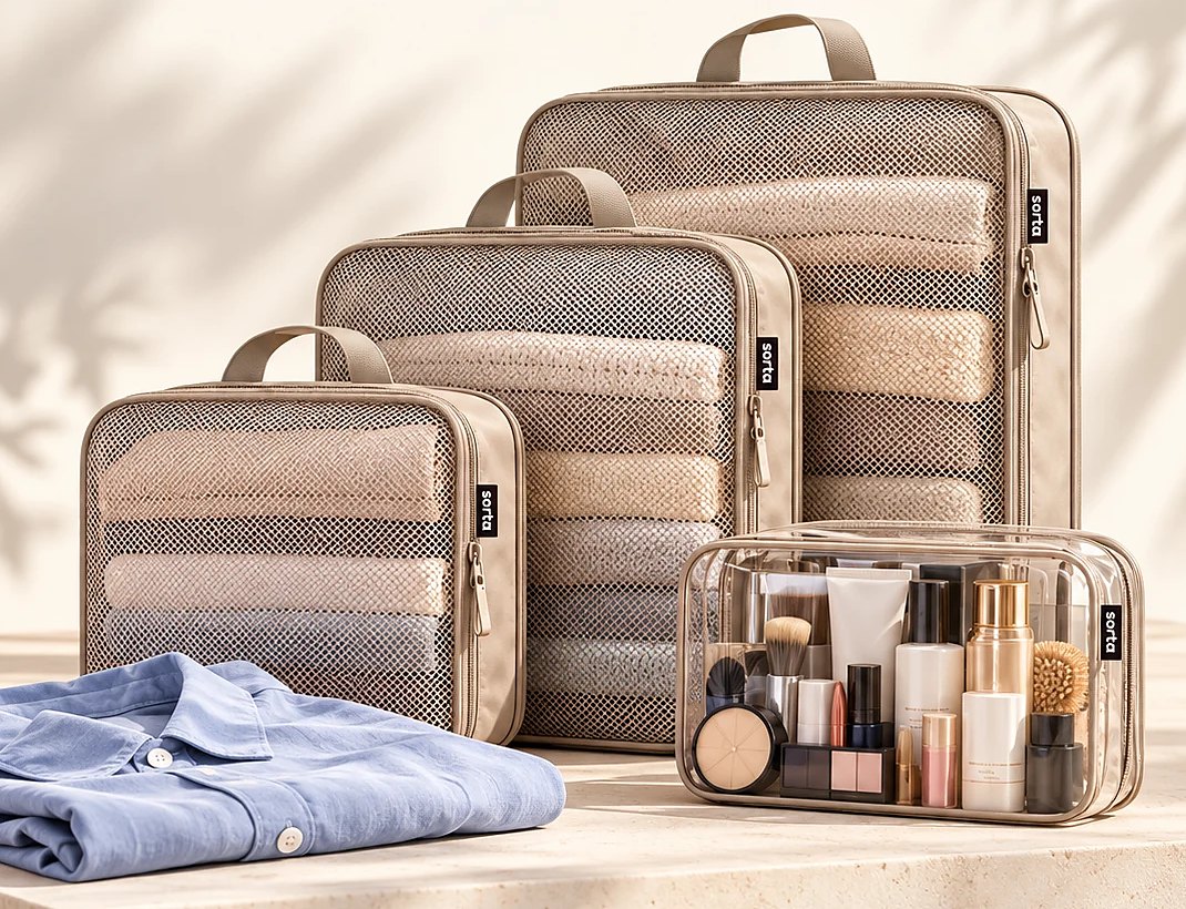 Three Sorta compression cubes in small, medium and large, packed with rolled clothing, with a clear toiletry pouch and a folded blue shirt in front.